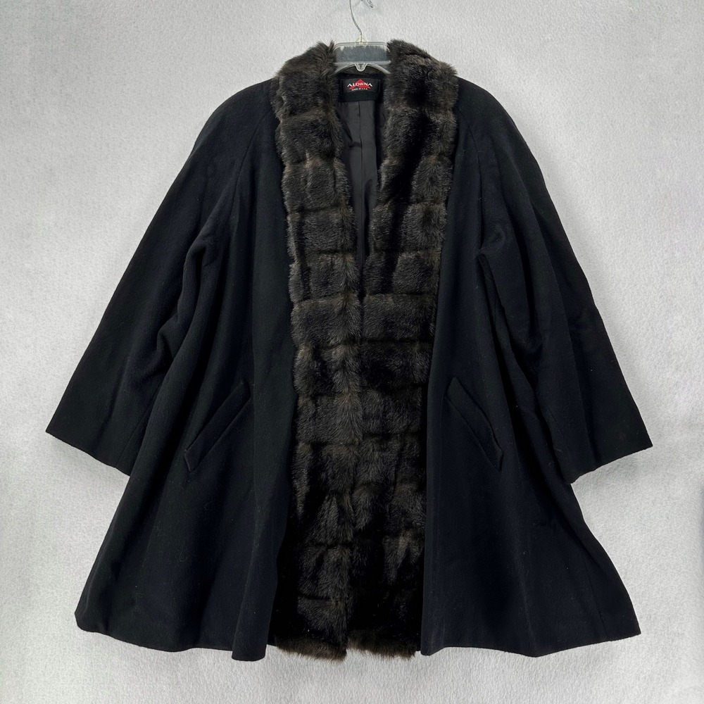 STUNNING VTG Alorna Black Wool Fur Coat jacket MADE IN USA One Size Plus Paecoat